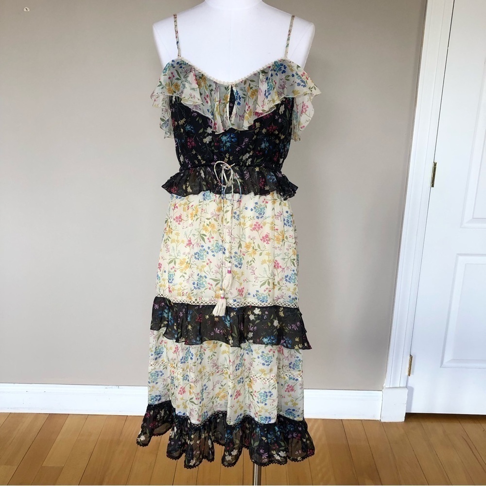 Love Sam Romantic black & cream floral ruffled flouncy midi dress S